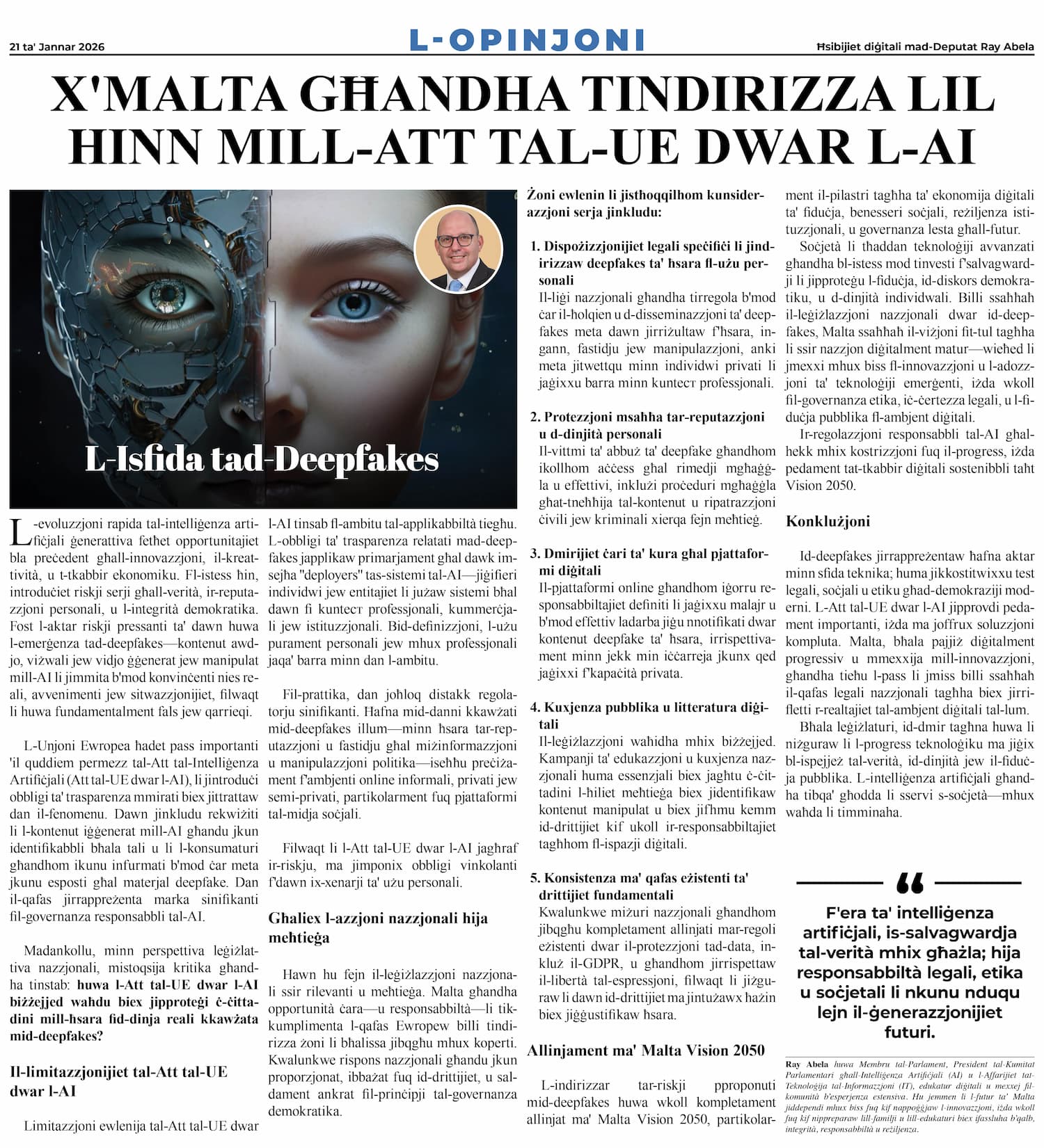 Ray Abela — article excerpt, L-Opinjoni, January 21, 2026